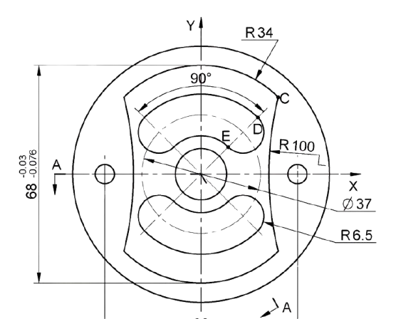 Technical drawing of a custom metal core with 68mm tolerance specification.